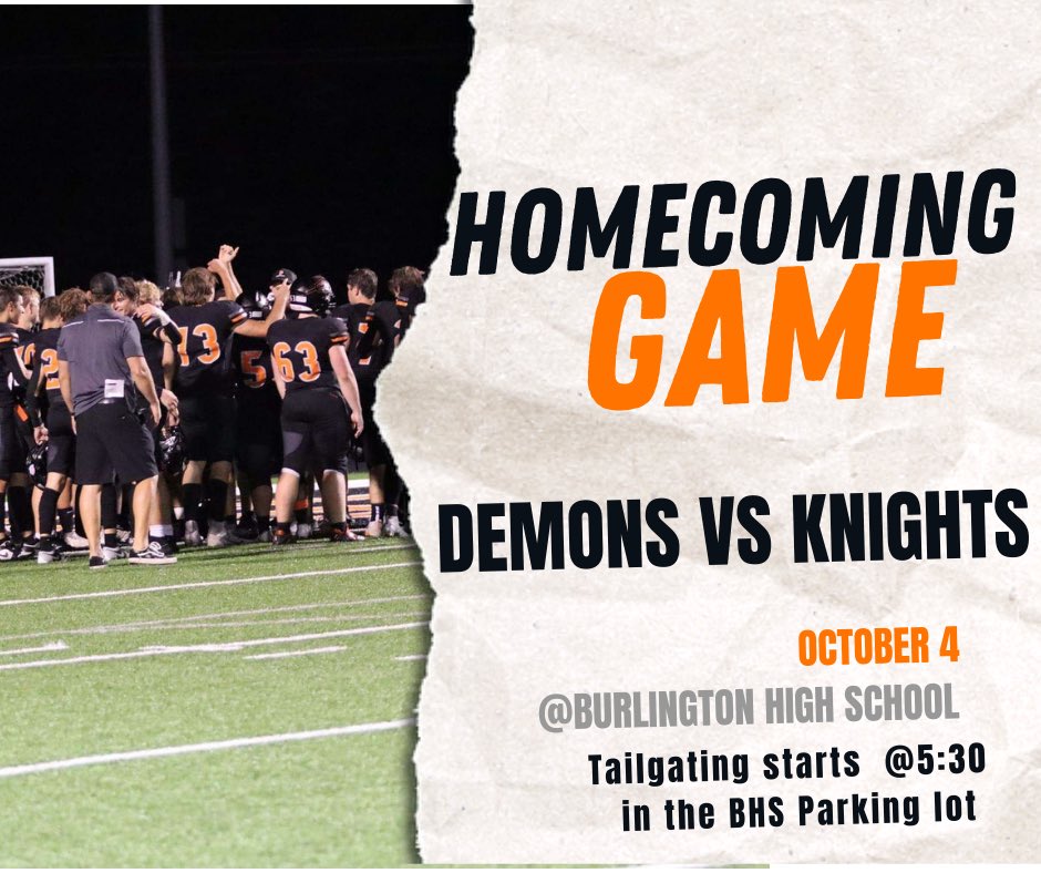 HOMECOMING GAMEDAY‼️‼️‼️
🆚 Beloit Memorial 
📍<a href="/Burlington/">Burlington</a> High School 
⏰ 7:00 PM 
Theme: Orange and black