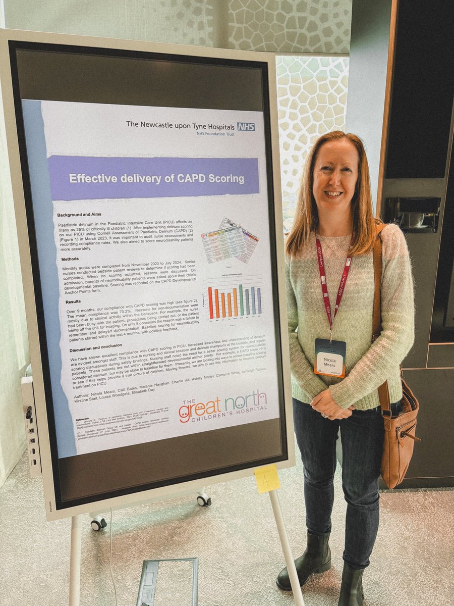 Exciting to see Nicola present her poster on paediatric delirium in PICU! With a 72% improvement in CAPD scoring, <a href="/PICU_gnch/">PICU GNCH</a> work highlights the importance of accurate assessments, especially for neurodisability patients. Great step in improving delirium care! #pccs2024 #pedsICU
