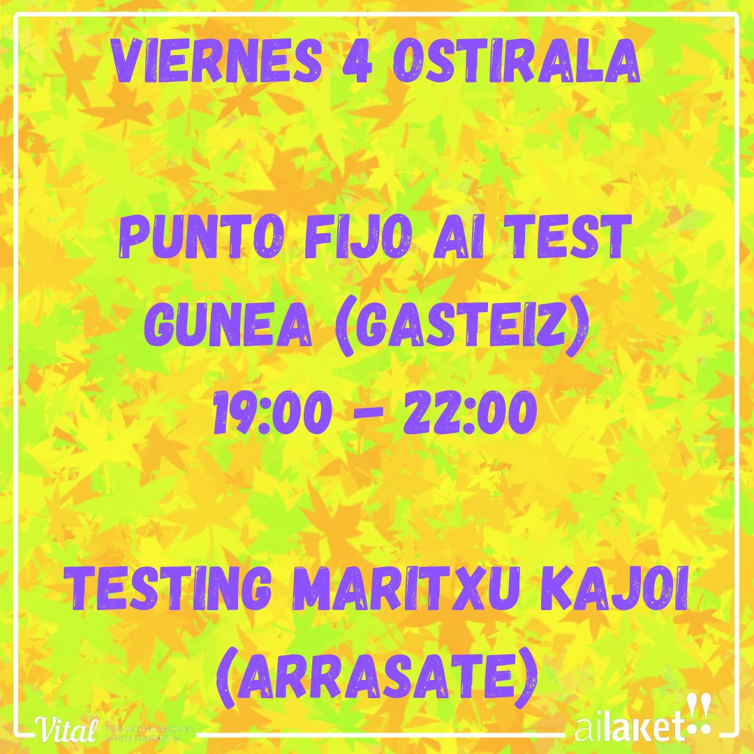 Urriko lehen asteburuko esku-hartzeak! Gogoratu ostiraleko Ai Test Gunea berezia da: Zuaitz eta Zumintrenko pintazada engongo da!

¡Intervenciones del primer finde de octubre! Recordad que el Punto Fijo del viernes es especial: ¡pincharán Zuaitz y Zumitrenko!