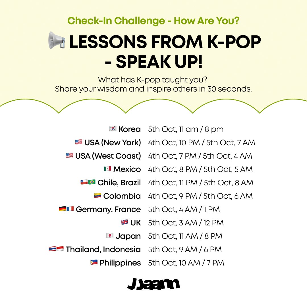 jjaann_global's tweet image. 📢 What has K-pop taught you? Join the &amp;lt;Check-In Challenge - How Are You?&amp;gt; and share your lessons from K-pop. Don’t forget to participate in the Review Event for a chance to win exclusive rewards!

👉 Join Now: jjaann.app.link/HQllZaEaqNb

#CheckInChallenge #HowAreYou #KpopCommunity