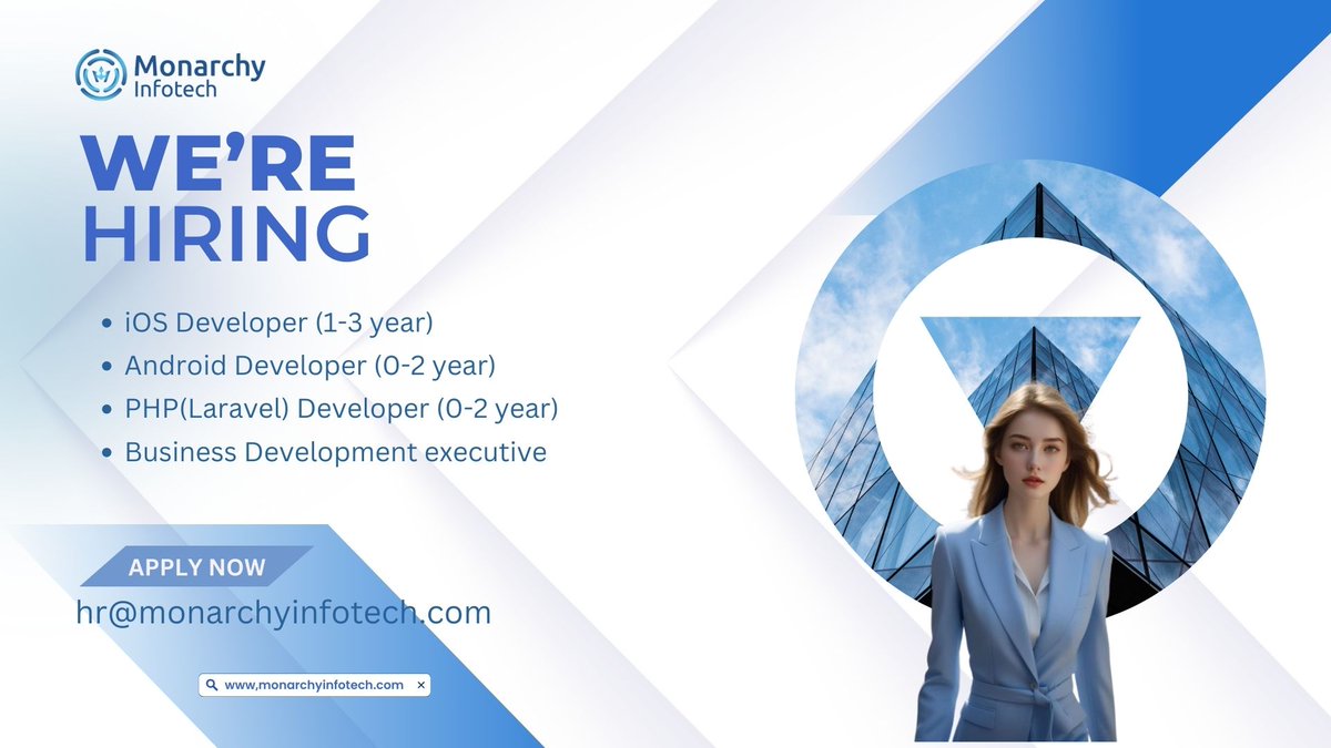 MonarchyIT's tweet image. Hello....Everyone.....
We are hiring for below position
#iOS_Developer (1-3 year)
#Android_Developer (0-2 year)
#PHP_Laravel_Developer (0-2 year)
#Business_Development_Executive
If interested candidate kindly share your CV at hr@monarchyinfotech.com