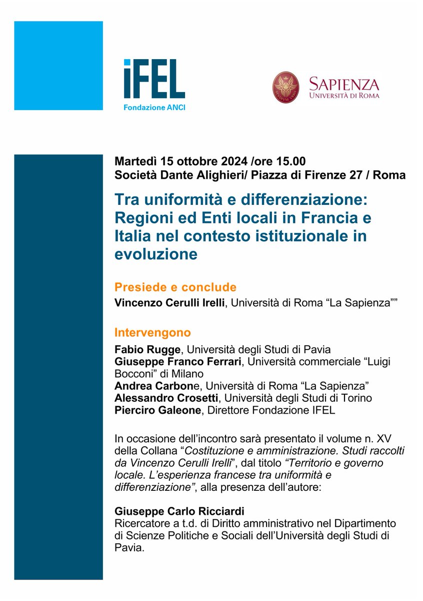 IFEL Fondazione ANCI (@fondazioneifel) on Twitter photo 📌 SAVE THE DATE | Il 15 ottobre alle ore 15.00, presso la Società Dante Alighieri a Roma, ti aspettiamo alla giornata di studi organizzata da IFEL e <a href="/SapienzaRoma/">Sapienza Università di Roma</a>
✍ Iscriviti qui:
docs.google.com/forms/d/e/1FAI… 📌 SAVE THE DATE | Il 15 ottobre alle ore 15.00, presso la Società Dante Alighieri a Roma, ti aspettiamo alla giornata di studi organizzata da IFEL e <a href="/SapienzaRoma/">Sapienza Università di Roma</a>
✍ Iscriviti qui:
docs.google.com/forms/d/e/1FAI…
