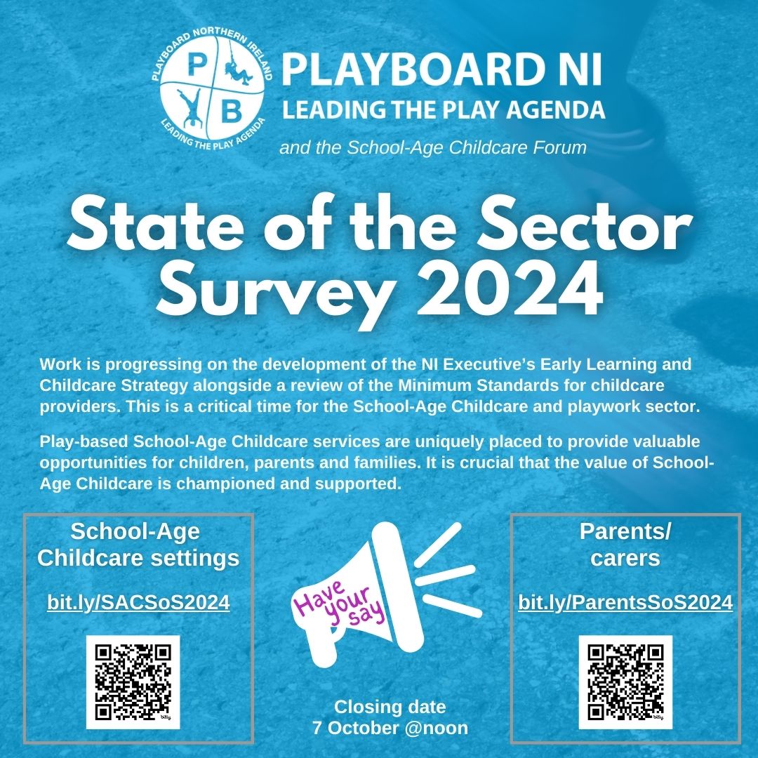 Our State of the Sector - School Age Childcare Survey closes tomorrow at noon.

If you'd like to be in with a chance of winning a £50 voucher, complete the survey at the appropriate link below:

Settings - bit.ly/SACSoS2024
Parents/carers - bit.ly/ParentsSoS2024