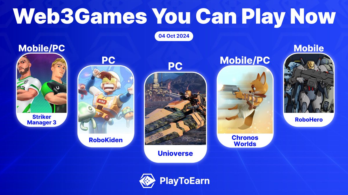 PlayToEarn (@playtoearn) on Twitter photo Dive into the thrilling world of #Web3Gaming by trying these top games 🎮🔥
✅Available to play now - why wait?
🔹<a href="/theunioverse/">UNIOVERSE</a>
🔹<a href="/RoboKiden/">COMING SOON</a>
🔹<a href="/ChronosWorlds/">ChronosWorlds</a>
🔹<a href="/RoboHero_io/">RoboHero</a>
🔹<a href="/striker_manager/">Striker Manager 3</a>
#PlayToEarn Dive into the thrilling world of #Web3Gaming by trying these top games 🎮🔥
✅Available to play now - why wait?
🔹<a href="/theunioverse/">UNIOVERSE</a>
🔹<a href="/RoboKiden/">COMING SOON</a>
🔹<a href="/ChronosWorlds/">ChronosWorlds</a>
🔹<a href="/RoboHero_io/">RoboHero</a>
🔹<a href="/striker_manager/">Striker Manager 3</a>
#PlayToEarn