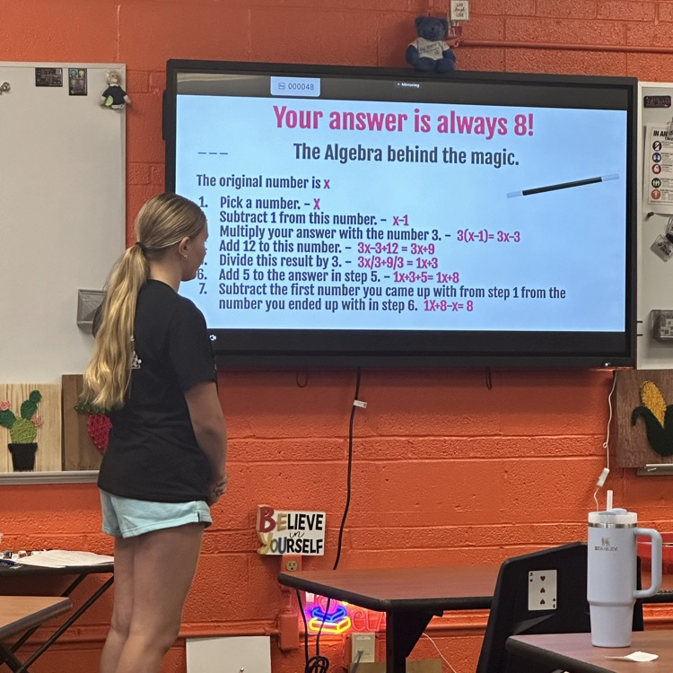 ThayerCentral's tweet photo. Mrs. Bulin's Algebra classes presented their Math Magic projects this week. Students had to find a number trick to share with the class, then explain the algebra behind the trick. Students were able to guess a phone number, shoe size, favorite TV show and age just to name a few. https://t.co/fDZEEDpg1j