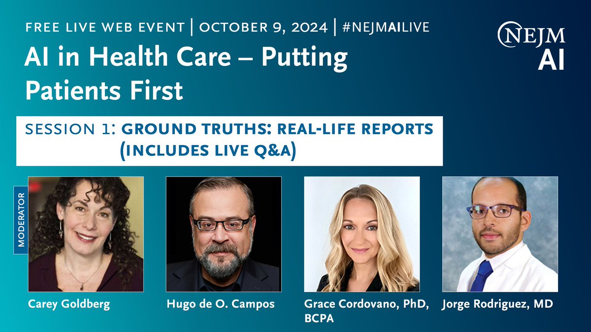 NEJM AI (@nejm_ai) on Twitter photo Moderated by Carey Goldberg (<a href="/goldbergcarey/">carey goldberg</a>), session 1 of our next event features real-life reports of AI in health care from Hugo de O. Campos, Grace Cordovano, PhD, BCPA (<a href="/GraceCordovano/">Enlightening Results 💡</a>) & Jorge Rodriguez, MD (<a href="/translatedmed/">Jorge A Rodriguez MD</a>).
Save your spot: nejm.ai/4743Orc Moderated by Carey Goldberg (<a href="/goldbergcarey/">carey goldberg</a>), session 1 of our next event features real-life reports of AI in health care from Hugo de O. Campos, Grace Cordovano, PhD, BCPA (<a href="/GraceCordovano/">Enlightening Results 💡</a>) & Jorge Rodriguez, MD (<a href="/translatedmed/">Jorge A Rodriguez MD</a>).
Save your spot: nejm.ai/4743Orc