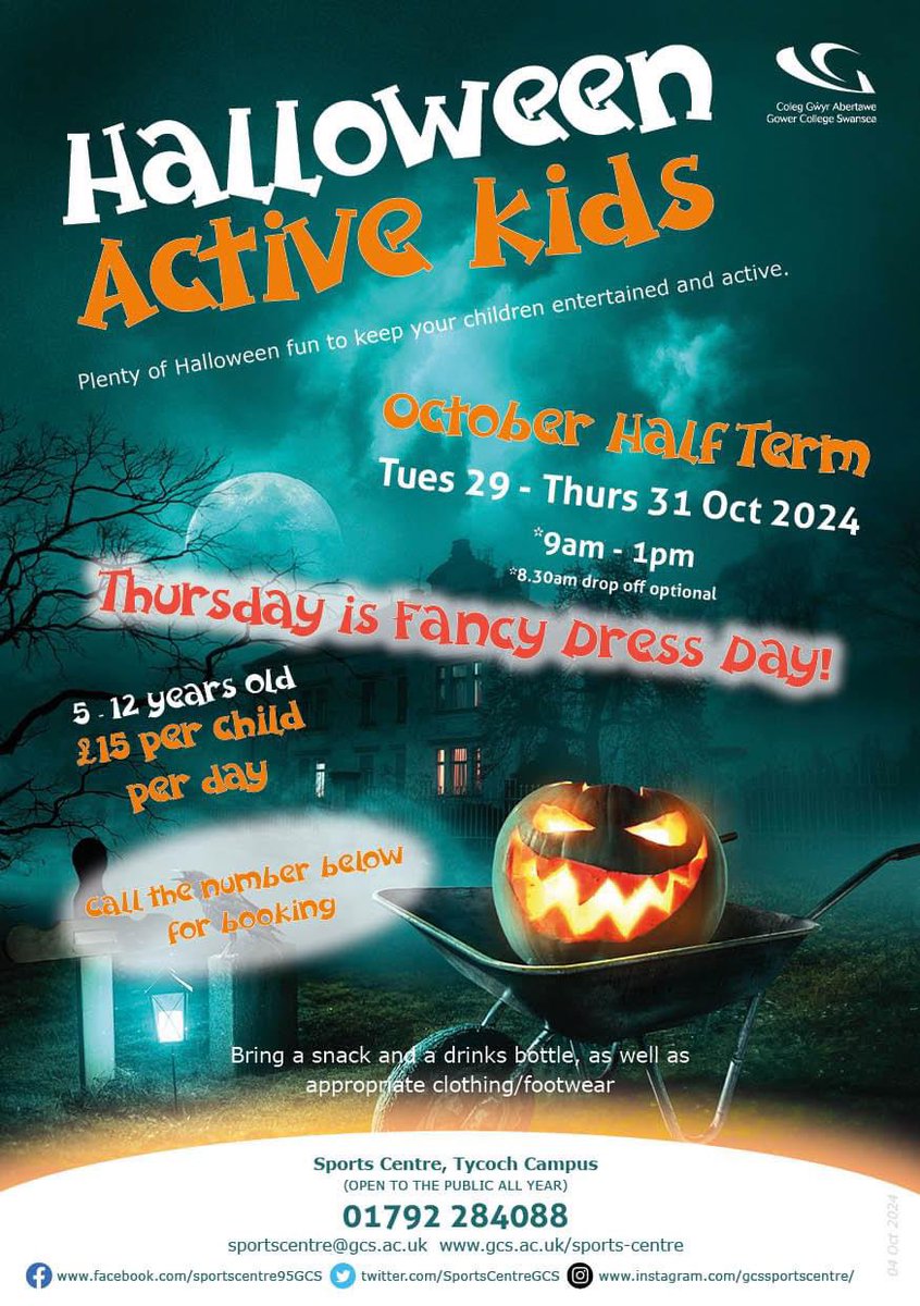 SportsCentreGCS's tweet photo. 🎃 October Half Term Active Kids! 🎨 

Join us during half term, for fun-packed sessions filled with games, crafts, and more. 

Don’t miss our Halloween fancy dress party on Thursday! 👻 Limited spots available – call us to book now! 🏃‍♀️

@GowerCollegeSwa https://t.co/aMNSgDOz2s