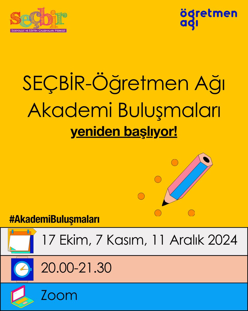 ogretmenagi's tweet photo. SEÇBİR-Öğretmen Ağı Akademi Buluşmaları yeni gelmiyor, geri geliyor! @secbir 

Yeni dönem ile birlikte, akademide yürütülen çalışmalar ve üretilen bilgilerin öğretmenler başta olmak üzere eğitimle ilgilenen herkesle, öğretmenlerdeki deneyimin ise akademiyle paylaşılmasını amaçladığımız Akademi Buluşmaları'na yeniden başlıyoruz. 📣

#BiziBirAradaTutan, hiç durmadan birbirimizden öğrenmeye devam etme arzusu. Farklı disiplinlerden akademisyenlerin farklı branşlardan eğitimcilerle bir araya gelmesiyle günümüz sorunlarına disiplinlerarası bir bakış geliştirmeyi de hedeflediğimiz buluşmaların ilki 17 Ekim 2024, Perşembe günü “Maarif, Müfredat ve Antropolojik Kültür Üzerine” başlığı ile sosyolog Besim Dellaloğlu konuşmacılığında gerçekleşecek.

17 Ekim 2024 tarihli etkinliğe https://t.co/a79SnCRYHr linkinden kayıt olabilir; gelecek etkinliklerden haberdar olmak için takipte kalmaya devam edebilirsiniz.