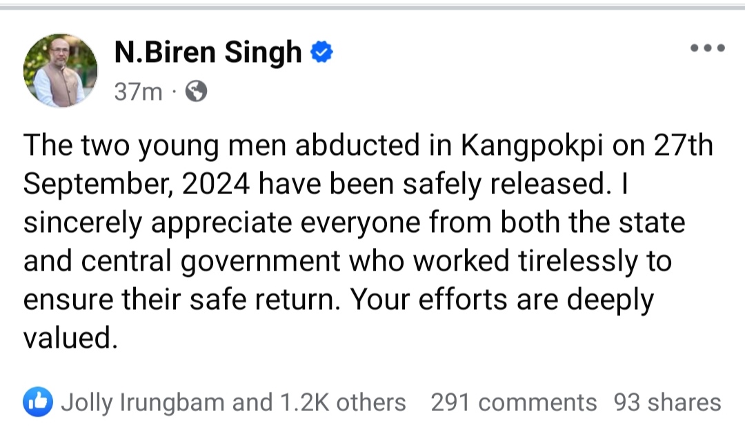 lenlai_kipz's tweet photo. Saving this for posterity. Sitting CM of Manipur promptly wrote his appreciation on fb about the release of two meiteis. He hasn't even felt sorry for the hundreds of Kukis his minions killed. It is not without reason he is termed the worst ever and most biased CM of Manipur. https://t.co/dGNTMIiQYp
