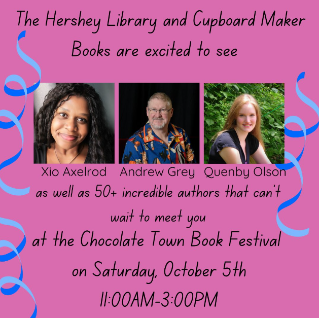 QEisenacher's tweet photo. I know these kinds of posts are always hidden on social media, but I'm a headlining author at the Chocolate Town Book Fest in Hershey, PA tomorrow! I'll be there from 11am-3pm signing books with dozens of other local authors! I'm excited (and vaguely nauseated with anxiety...) https://t.co/2mLdJNT1nZ