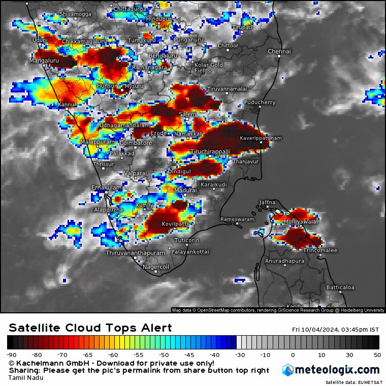 MasRainman's tweet photo. Widespread stormy evening across South and Central TN Kerala &amp; Karnataka.Slowly the convergence shifting towards the North TN as we can some Thunderstorms activity in KTCC later tonight. #TNRains ##KTCC #ChennaiRains #Thunderstorms https://t.co/egd1yVRm5d