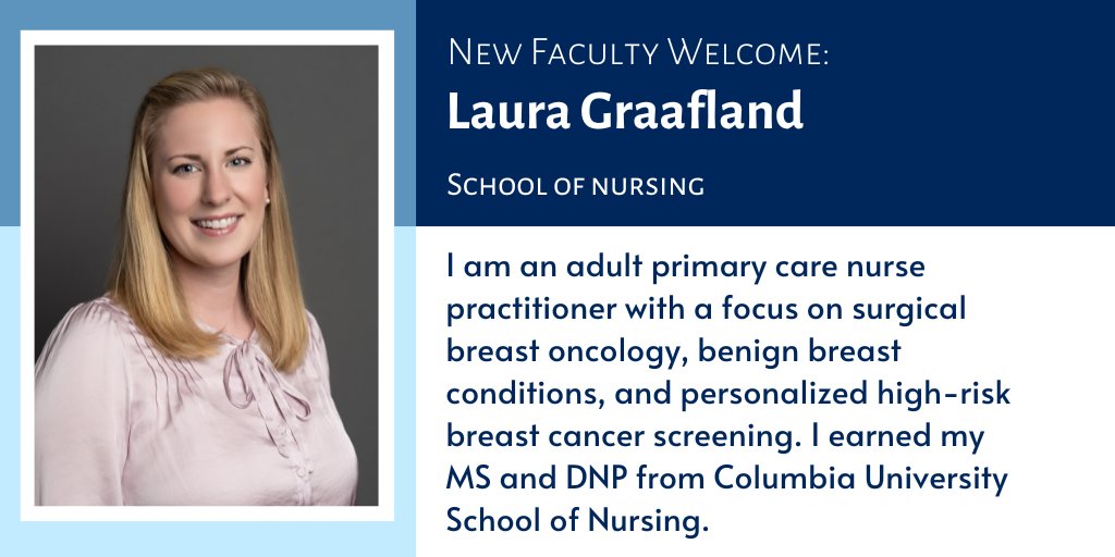 Columbia Faculty Advancement (@columbiafaculty) on Twitter photo Joining the faculty of <a href="/ColumbiaNursing/">Columbia Nursing</a>, Laura Graafland is an adult primary care nurse practitioner focusing on surgical breast cancer screening. We welcome you, Laura!
#ColumbiaNewFacultyWelcome Joining the faculty of <a href="/ColumbiaNursing/">Columbia Nursing</a>, Laura Graafland is an adult primary care nurse practitioner focusing on surgical breast cancer screening. We welcome you, Laura!
#ColumbiaNewFacultyWelcome