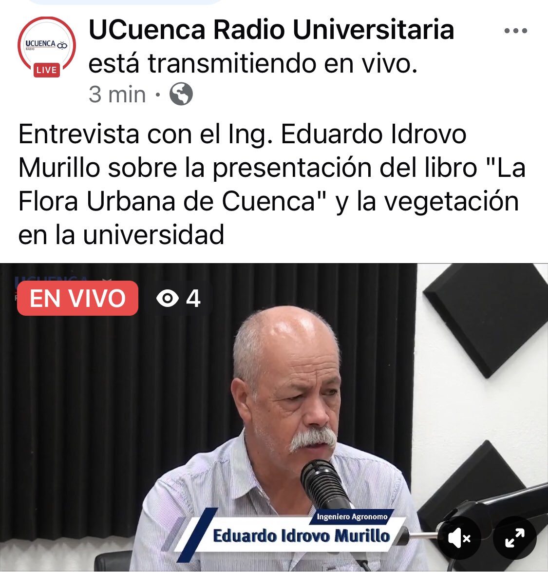 En Directo. Vengan y sigan la entrevista con Eduardo Idrovo sobre su "La Flora Urbana de Cuenca" y la vegetación en la <a href="/udecuenca/">UCuenca</a>. Por este enlace:  facebook.com/share/v/4PUrwW…
