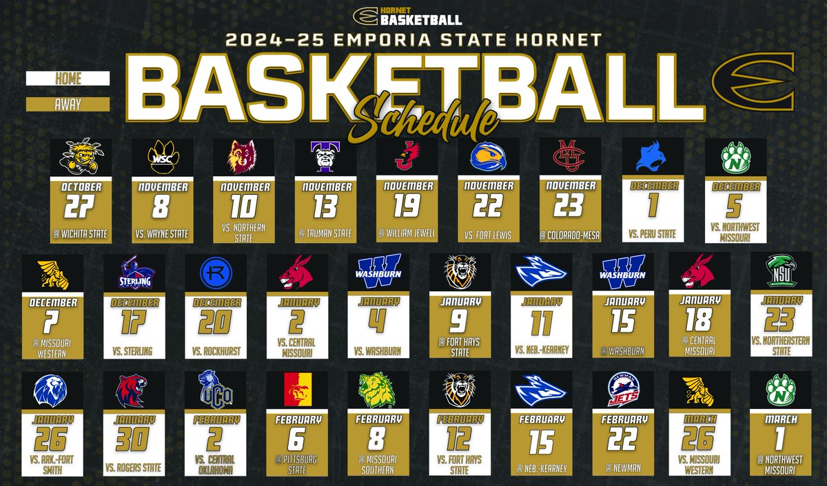 ESU Athletics (@esusports) on Twitter photo 2024-25 <a href="/ESUMensBBall/">Emporia State Basketball</a> Schedule Released #StingersUp
esuhornets.com/news/2024/10/4… 2024-25 <a href="/ESUMensBBall/">Emporia State Basketball</a> Schedule Released #StingersUp
esuhornets.com/news/2024/10/4…