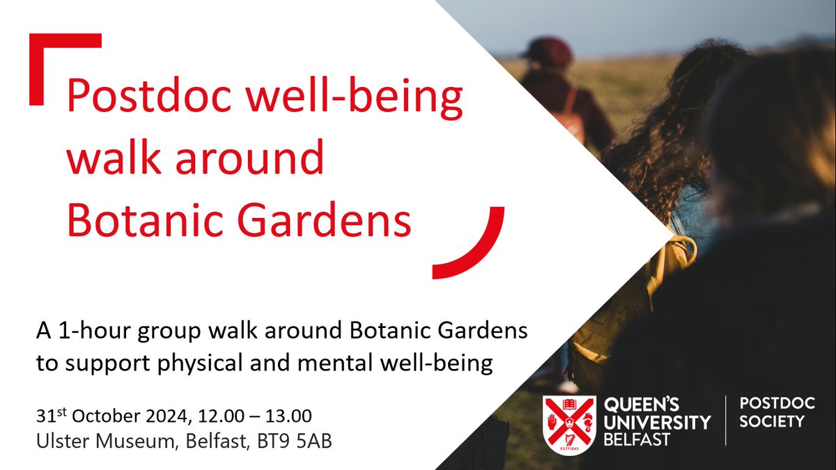 QUB Postdoc Society (@qubpostdocsoc) on Twitter photo Well-being walk 🚨
Finding time to socialise & stay physically active can be challenging when working on research. This Postdoc Society event will allow you to take a break, engage with others & explore the beautiful Botanic Gardens
More details ⬇️⬇️
qub.ac.uk/sites/pdc/Repr… Well-being walk 🚨
Finding time to socialise & stay physically active can be challenging when working on research. This Postdoc Society event will allow you to take a break, engage with others & explore the beautiful Botanic Gardens
More details ⬇️⬇️
qub.ac.uk/sites/pdc/Repr…