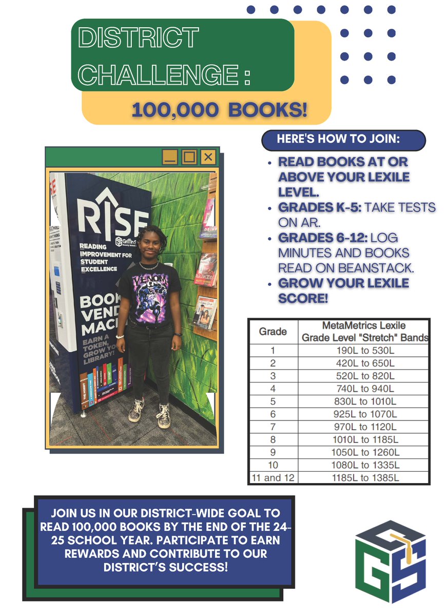 Help your child boost their Lexile score &amp; foster a ♥️ for reading with our <a href="/GriffinSpalding/">Griffin-Spalding K12</a> District-Wide Reading Challenge to read 100,000 books! Using AR &amp; Beanstack, we’re making reading an interactive adventure that motivates students to explore, engage &amp; grow their Lexile.