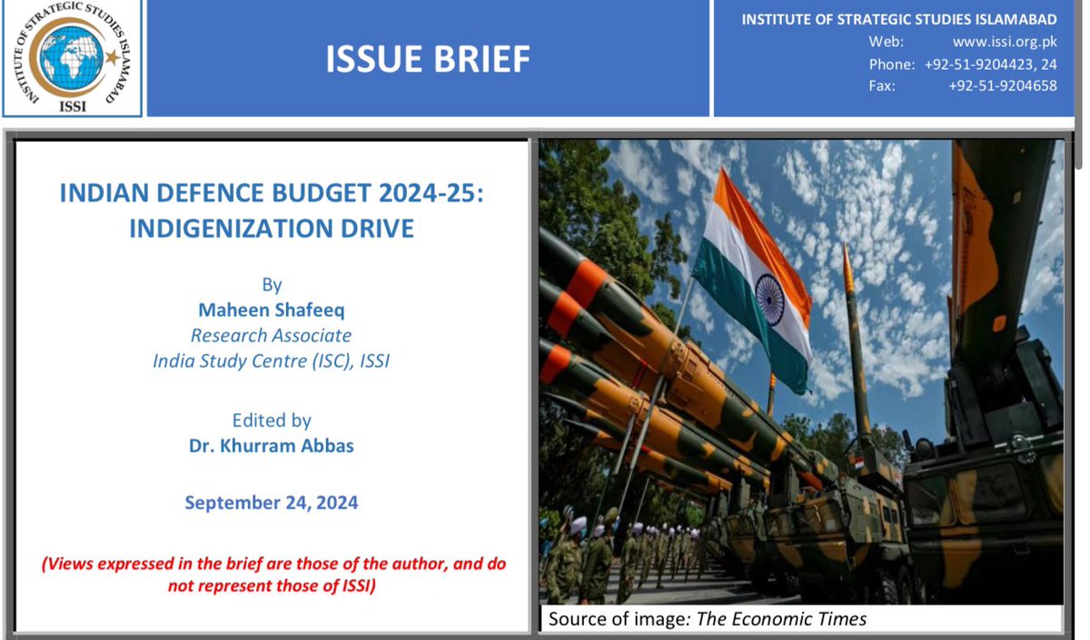 India Study Centre (@isc_issi) on Twitter photo <a href="/MaheenShafeeq/">Maheen Shafeeq</a> in her IB “Indian Defence Budget 2024-25: Indigenization Drive” analysed two investment strategies to advance ‘Make in India.’
1️⃣investment in State-owned Ordnance Factories;
2️⃣investment in Corporatized State-Owned Defence Companies.
issi.org.pk/issue-brief-on… <a href="/MaheenShafeeq/">Maheen Shafeeq</a> in her IB “Indian Defence Budget 2024-25: Indigenization Drive” analysed two investment strategies to advance ‘Make in India.’
1️⃣investment in State-owned Ordnance Factories;
2️⃣investment in Corporatized State-Owned Defence Companies.
issi.org.pk/issue-brief-on…