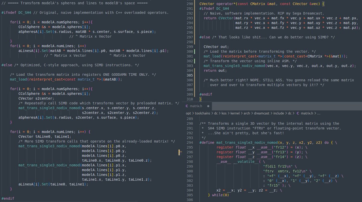 falco_girgis's tweet image. Working on optimizing the physics engine for a high-profile &quot;impossible&quot; port of a AAA title to the Sega #Dreamcast and keep running into this C++ matrix transform code, implemented through operator overloading, which looks innocent and adorable... YET RUNS LIKE SHIT.  So lets…