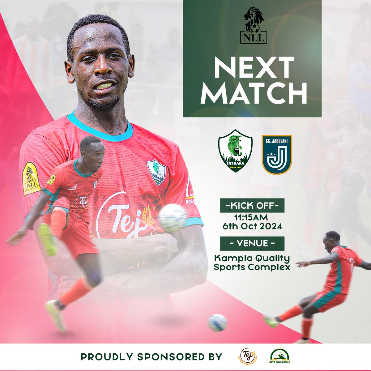 ⚽ Next Match! 🦁
FC Enshaka 🆚 SC Jabulani
📍 Kampala Quality Sports Complex
The #Road2Fortportal continues Sponsored by <a href="/tejbreadandpizz/">TEJ Bread and Pizzeria 🍞 🍕</a> and @noelAdventures_ 
#NLLXV