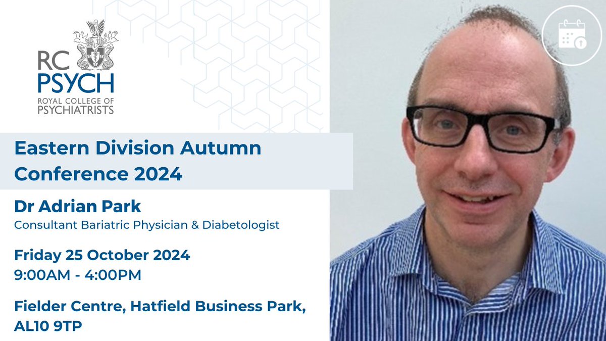 rcpsychEastern's tweet photo. Newly licensed obesity drugs.

Dr Adrian Park will be discussing the aetiology of obesity &amp; where the new medications fit in the treatment paradigm.

Find out more &amp; book now➡️https://t.co/wDpD5Or5Ra
@Kallur_Suresh @ManalMaraghy1 @aaraoof https://t.co/KxbRZ62eXF