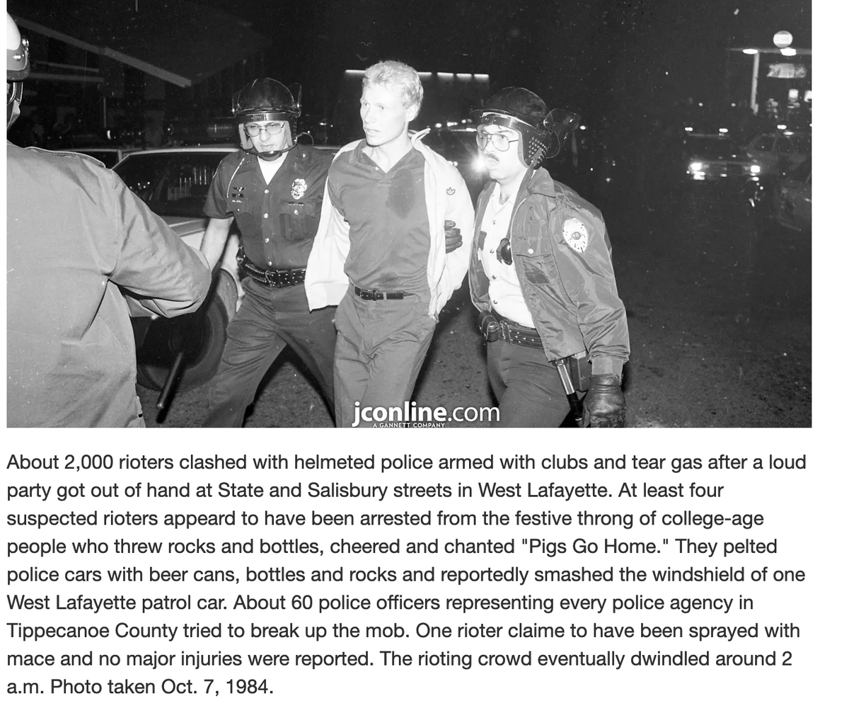 TomDienhart1's tweet photo. Who recalls the Purdue "riot" in October 1984 across from Triple XXX at Salisbury and State Streets? Forty years ago! https://t.co/gj22dZcVxg