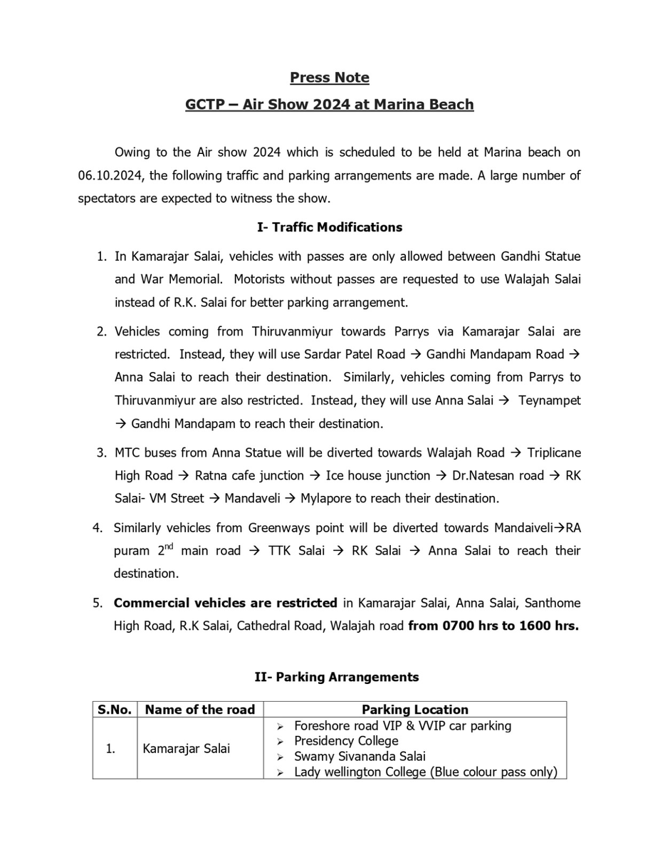 ChennaiTraffic's tweet image. 🚦 Traffic &amp;amp; Parking Alert for Air Show 2024 🚦

📅 Date: 06.10.2024 📍 Location: Marina Beach

Plan ahead &amp;amp; arrive early for a smooth experience.

Enjoy the spectacular aerial displays safely! ✈️✨ 
#ChennaiAirShow #GreaterChennaiPolice