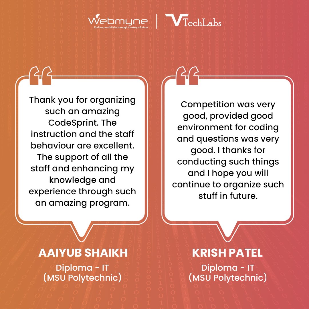 webmynecom's tweet image. Students have shared their journey from coding enthusiasts to pros at CodeSprint 2024. Hear what they have to say about their experience and how it helped them level up!

#CodeSprint2024 #StudentVoices #Webmyne #vtechlabs #feedback