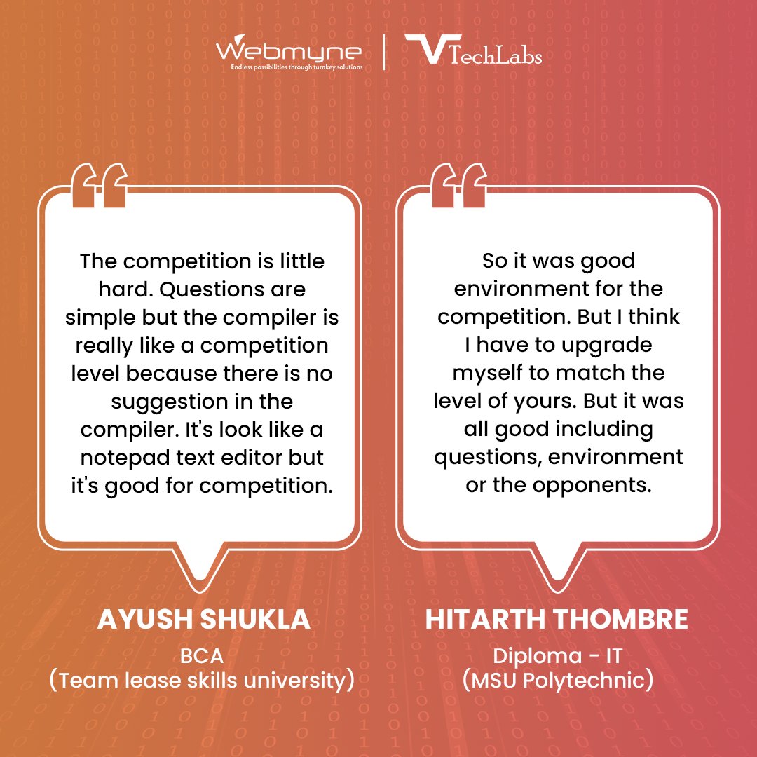webmynecom's tweet image. Students have shared their journey from coding enthusiasts to pros at CodeSprint 2024. Hear what they have to say about their experience and how it helped them level up!

#CodeSprint2024 #StudentVoices #Webmyne #vtechlabs #feedback