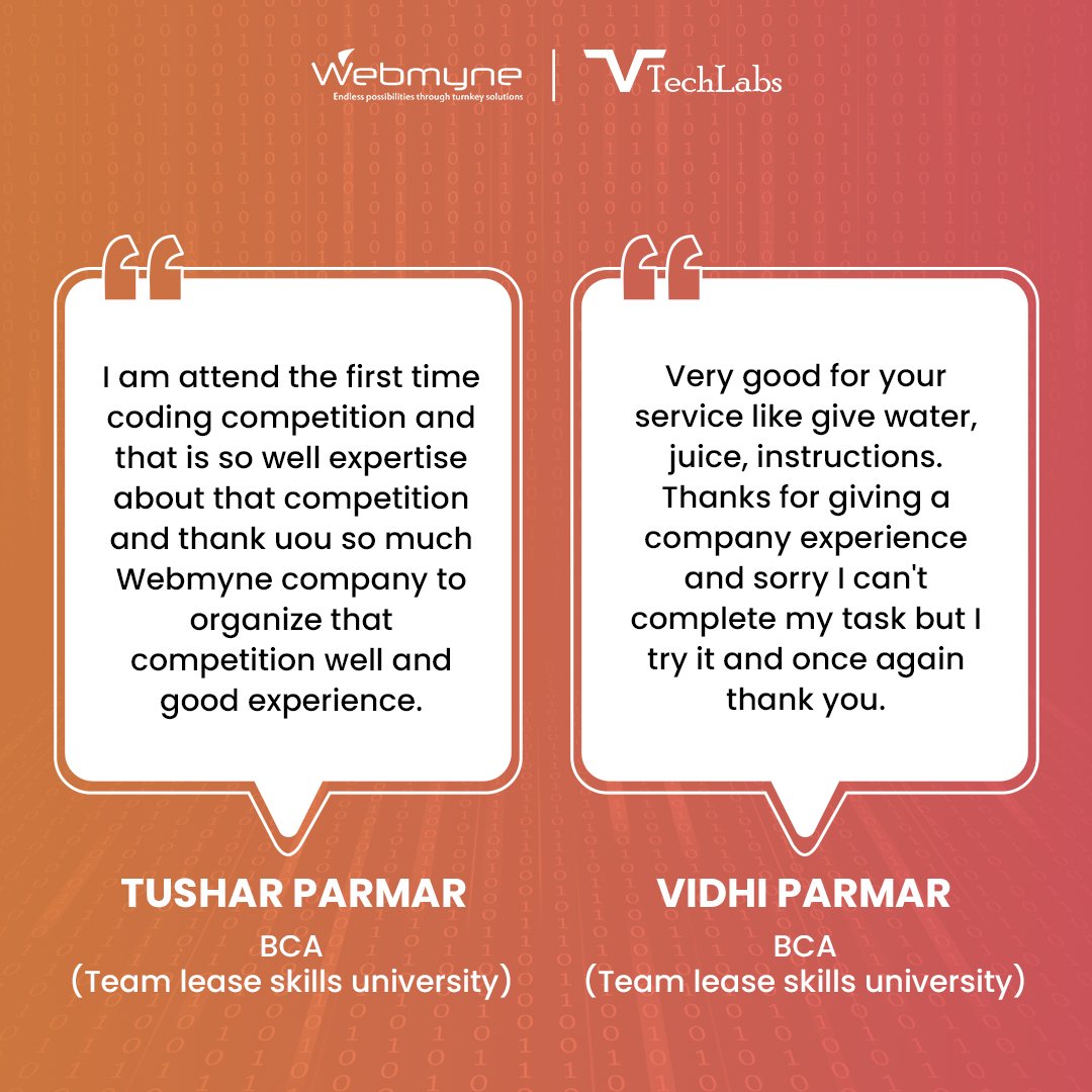 webmynecom's tweet image. Students have shared their journey from coding enthusiasts to pros at CodeSprint 2024. Hear what they have to say about their experience and how it helped them level up!

#CodeSprint2024 #StudentVoices #Webmyne #vtechlabs #feedback