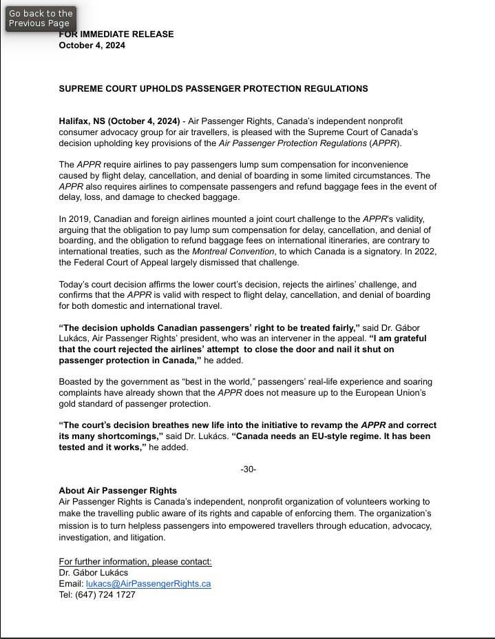 PRESS RELEASE: Supreme Court of Canada upholds Air Passenger Protection Regulations