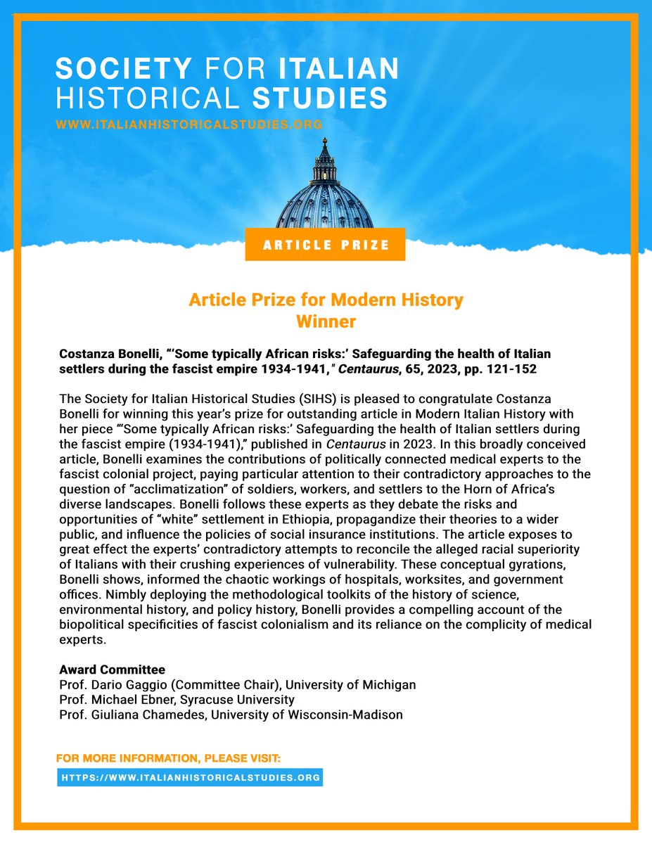ital_hist_stud's tweet photo. The SIHS is delighted to announce the second winner of this year's Best Modern Article Prize: Dr. Costanza Bonelli, for her article: “‘Some typically African risks:’ Safeguarding the health of Italian settlers during the fascist empire (1934-1941)”

Congrats! https://t.co/qqnun5gZUn