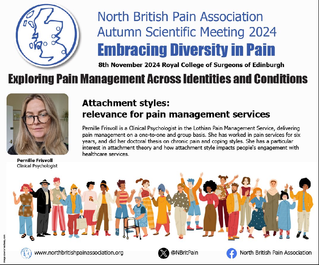🚨Embracing Diversity in Pain🚨 - is just 5 weeks away!

Fri 8th Nov - Royal College of Surgeons, Edinburgh

A teaser of what to expect from one of our speakers, Pernille Frisvoll covering the topic of

Attachment style &amp; their relevance for pain management services