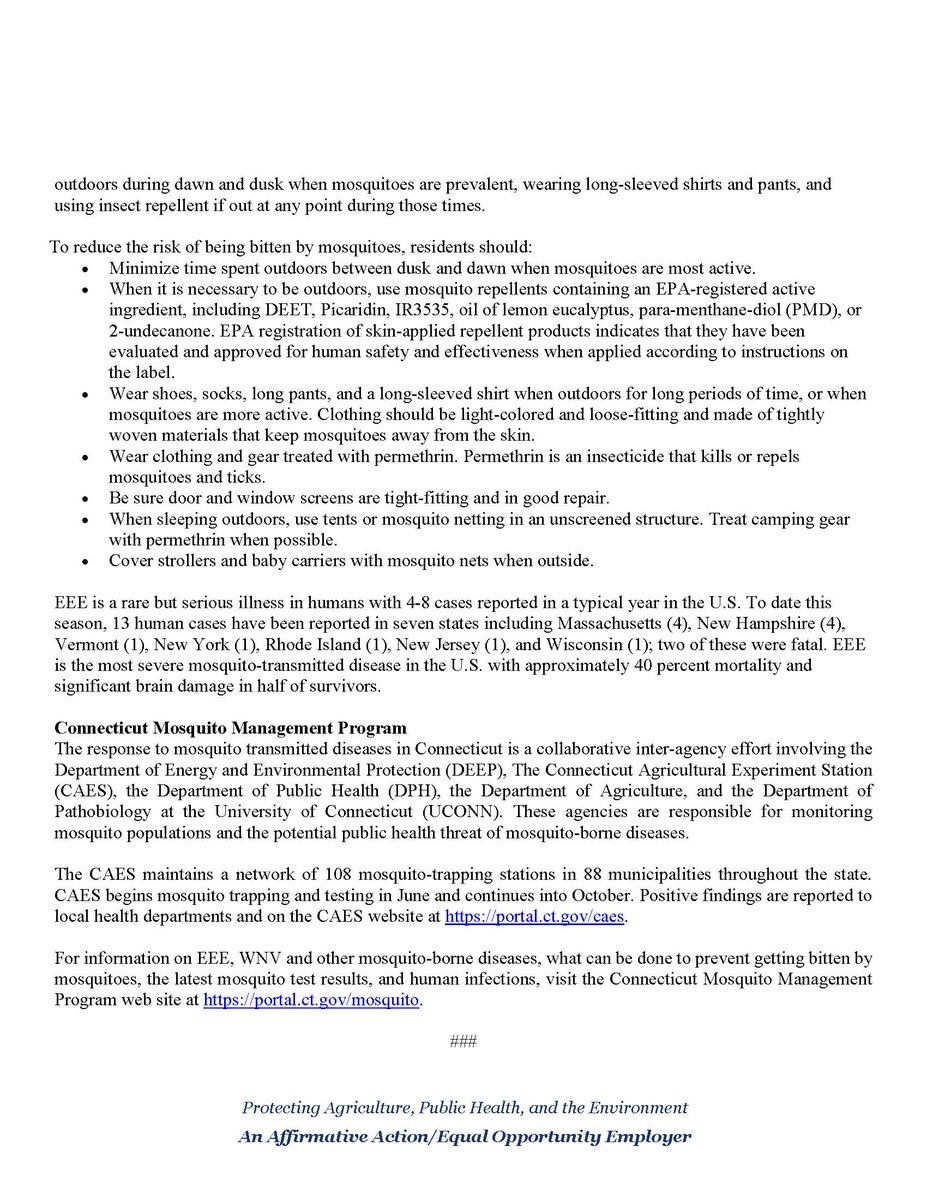 CAES Press Release, "Risk of Eastern Equine Encephalitis Continues: Positive Mosquitoes Found in 16 Connecticut Towns," Friday, October, 4, 2024. Read the announcement on our website: portal.ct.gov/-/media/caes/d…
#EEE, <a href="/CTDPH/">CT Public Health</a> <a href="/CTDEEPNews/">DEEP</a> <a href="/UConn/">UConn</a>