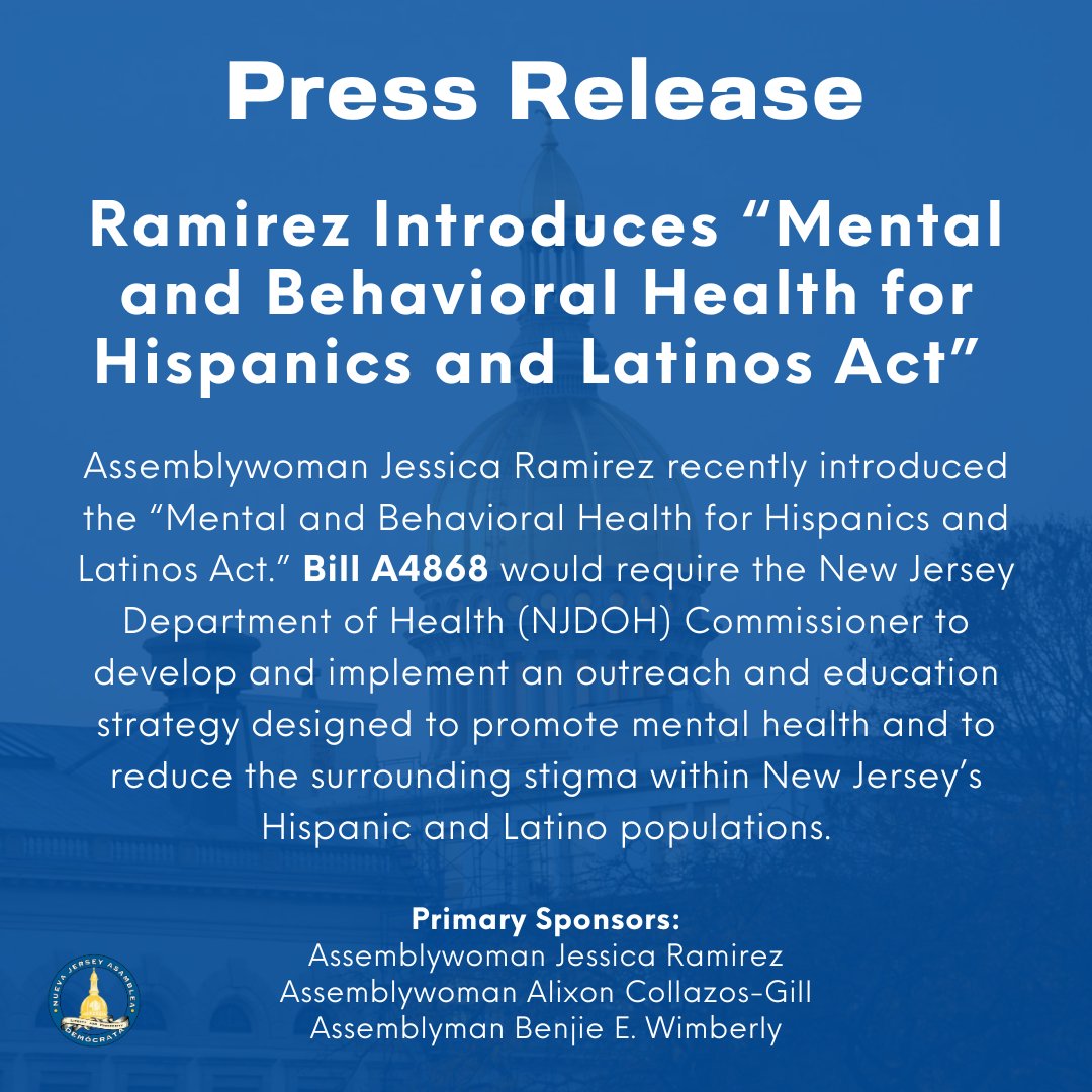 A new bill introduced by Assemblywoman Ramirez aims to break barriers and build hope. The “Mental and Behavioral Health for Hispanics and Latinos Act” would improve access to mental health care resources in New Jersey Latino communities. Read more here: assemblydems.com/CivicAlerts.as…