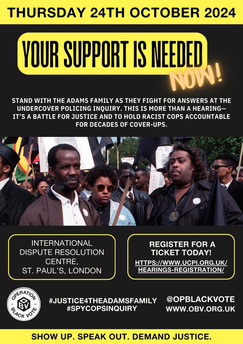 We need your support ✊

Join us to ensure that Rolan Adams's legacy is defined by justice, truth, and accountability

Register here > ucpi.org.uk/hearings-regis…

#spycopsinquiry #Justice4TheAdamsFamily