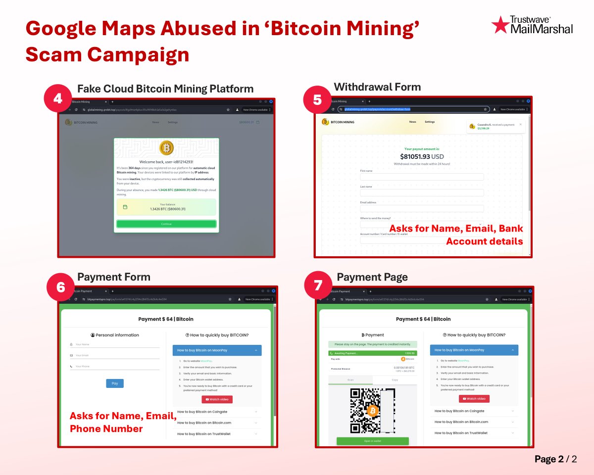 🚨 #ScamAlert: Bitcoin Mining Scam Abusing Google Maps! We have detected an  email campaign where fraudsters use #Google Maps share notifications to  lure victims into clicking a malicious link. The scammers abuse