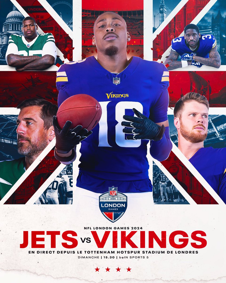 La NFL est de retour en Europe ! 🇬🇧 

Et quelle affiche pour débuter la tournée chez nos voisins anglais, avec ce choc à ne pas manquer entre les Jets et les Vikings !

New York ou Minnesota, qui va l'emporter ?

#JetUp | #Skol
📅 Dimanche 15:30
📺 <a href="/beinsports_FR/">beIN SPORTS</a> 5️⃣ #NFLextra