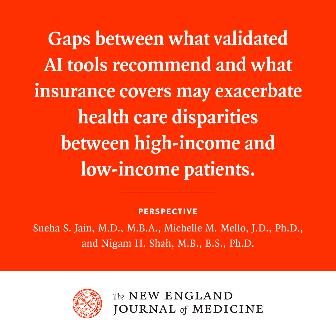 NEJM's tweet photo. When AI tools recommend confirmatory diagnostic testing, patients may face new financial burdens if these recommendations are followed by their clinicians but not yet reflected in insurance policies. Read the full Perspective: https://t.co/KQGkq4N0ap https://t.co/fDS8DwX7F3
