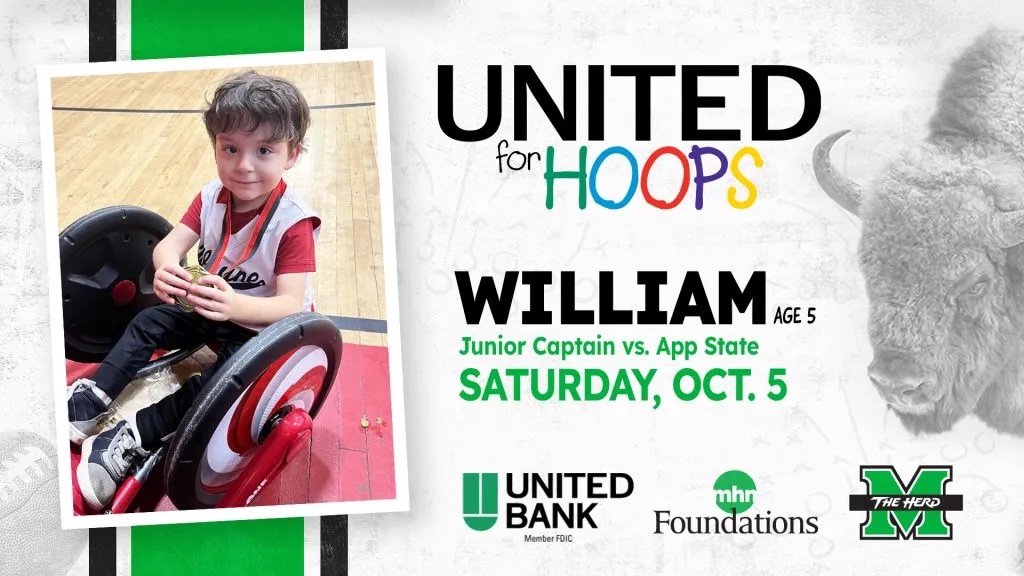 Be sure to tune into tomorrow's Marshall University Football home game vs. App State to see our United for Hoops Junior Captain, William!

Congrats, William! We know you're going to make us proud! #UnitedForHoops 
Learn more 👉 mhnfoundations.org/unitedforhoops/