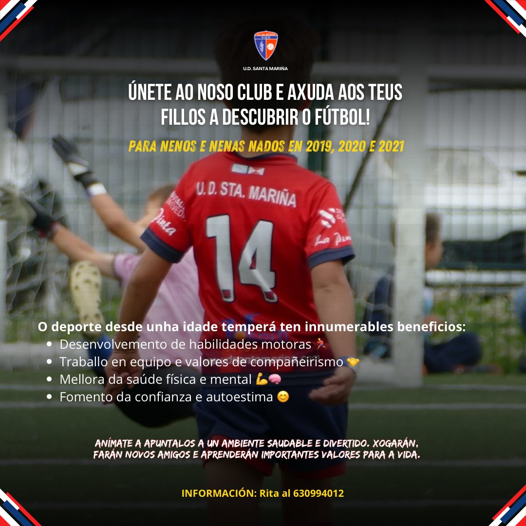 ¡Apunta aos teus pequenos ao fútbol! ⚽👶

Nenos e nenas nados en 2019, 2020 e 2021

Desde o noso club, queremos invitar a todos os pais a que os seus fillos comecen a súa aventura no fútbol desde pequenos. 🏆

 nados en 2019, 2020 e 2021.
📍 Contacta connosco
☎️ 630994012 |