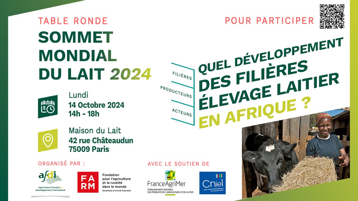 Fondation FARM (@fondationfarm) on Twitter photo 🌍🐄 Table ronde : Systèmes d'élevage laitiers durables en Afrique
Le 14 octobre 2024, rejoignez-nous à la Maison du Lait (Paris) pour discuter des enjeux de développement des filières lait en Afrique.
Avec des experts de la <a href="/FondationFARM/">Fondation FARM</a>, @AFDI et plus ! 🌱🌾 🌍🐄 Table ronde : Systèmes d'élevage laitiers durables en Afrique
Le 14 octobre 2024, rejoignez-nous à la Maison du Lait (Paris) pour discuter des enjeux de développement des filières lait en Afrique.
Avec des experts de la <a href="/FondationFARM/">Fondation FARM</a>, @AFDI et plus ! 🌱🌾