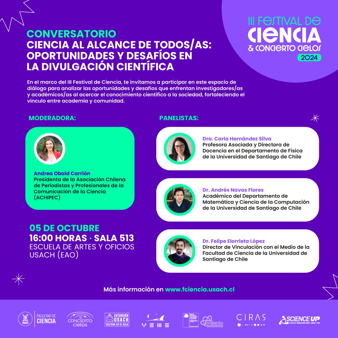 Ya sabes que mañana sábado desarrollaremos el III Festival de Ciencia (desde las 12:30 hrs) y Concierto Cielos (a las 18:00 hrs), pero lo que no sabías es que a las 16:00 hrs realizaremos un entretenido conversatorio sobre "Ciencia al alcance de todos/as". No te lo puedes perder.