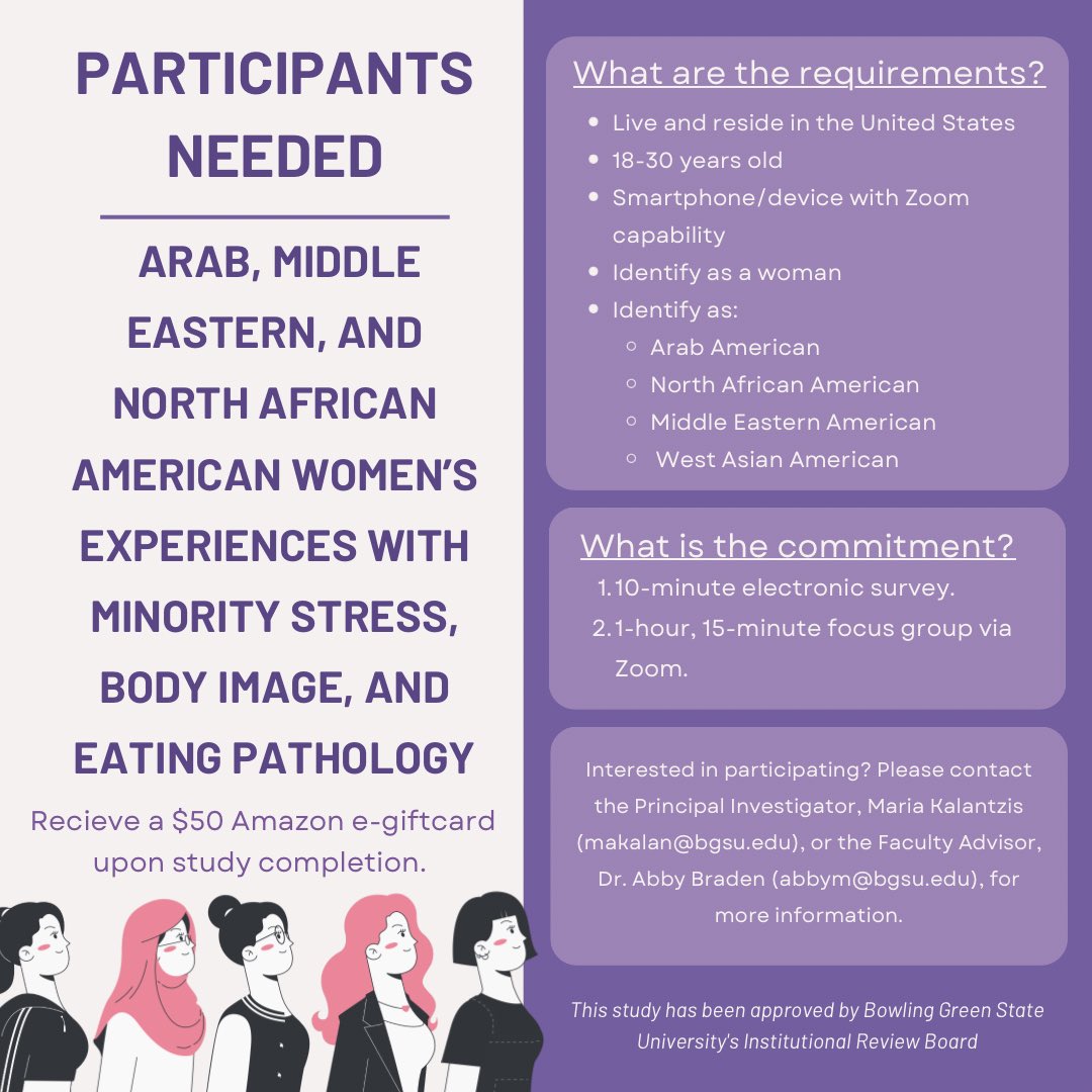 *Officially* recruiting for my dissertation! Arab/MENA women are sorely underrepresented in the psychological literature, including eating disorders. If you identify as an Arab/MENA woman, please consider participating in a focus group study. $50 gift card upon completion!