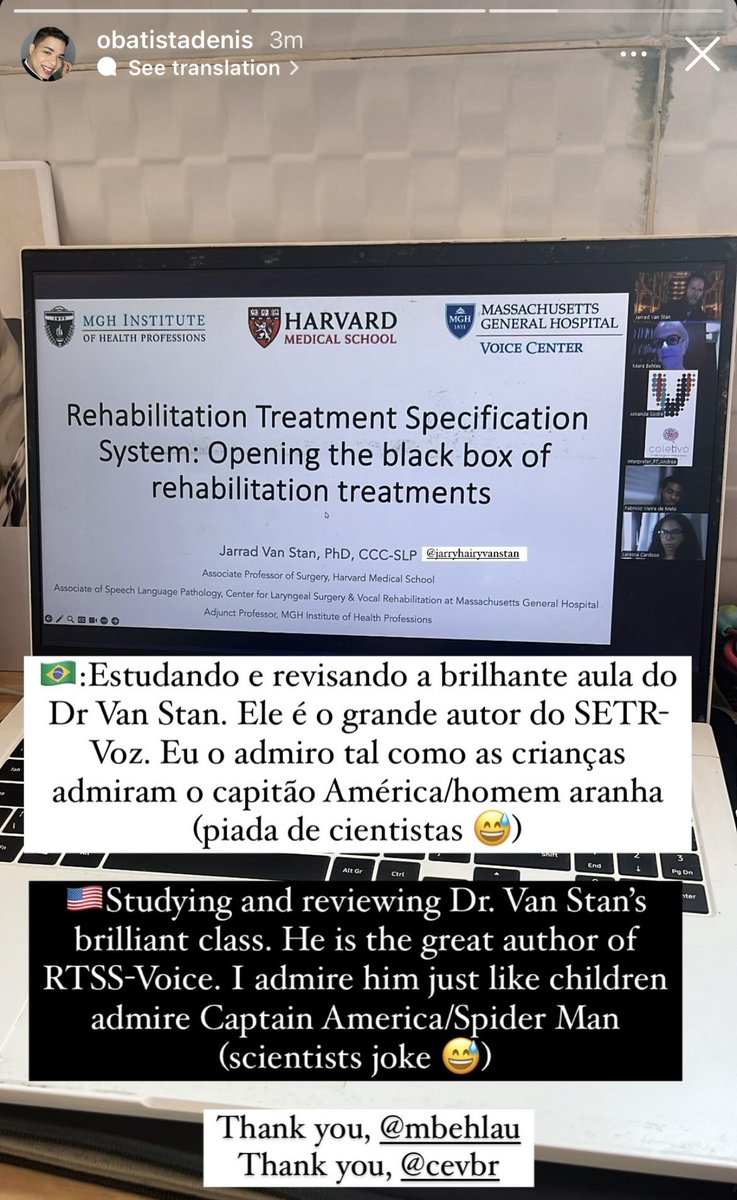 Jarrad Van Stan (@drvanvoiceman) on Twitter photo I had an awesome time discussing the RTSS and RTSS-Voice with Brazilian colleagues the past two Thursdays. Thanks for inviting me!
<a href="/ACRMRTS/">ACRM Rehabilitation Treatment Specification NG</a> <a href="/MGHVoiceCenter/">MGH Voice Center</a> <a href="/harvardmed/">Harvard Medical School</a> <a href="/MGHSurgery/">Mass General Surgery</a> <a href="/mbehlau/">Mara Behlau</a> I had an awesome time discussing the RTSS and RTSS-Voice with Brazilian colleagues the past two Thursdays. Thanks for inviting me!
<a href="/ACRMRTS/">ACRM Rehabilitation Treatment Specification NG</a> <a href="/MGHVoiceCenter/">MGH Voice Center</a> <a href="/harvardmed/">Harvard Medical School</a> <a href="/MGHSurgery/">Mass General Surgery</a> <a href="/mbehlau/">Mara Behlau</a>