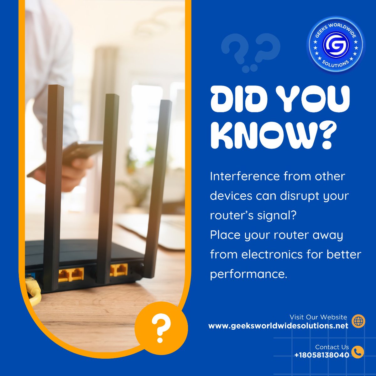 geeksolutioninc's tweet image. Router Tip: Electronics can disrupt your Wi-Fi signal! Keep your router away from other devices for better performance. Follow up for more tips
@geeksolutioninc
#RouterSupport #NetworkHelp #SignalInterference #TechFix #ConnectivityHelp #WirelessSupport #RouterSetup #WiFi