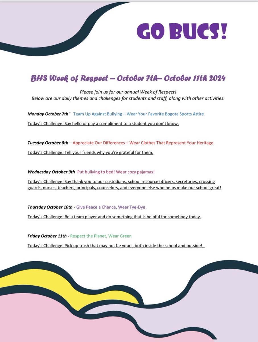 Join us in celebrating our annual "Week of Respect" beginning this coming Monday, October 7th. 

See the flyer for daily dress themes and challenges!