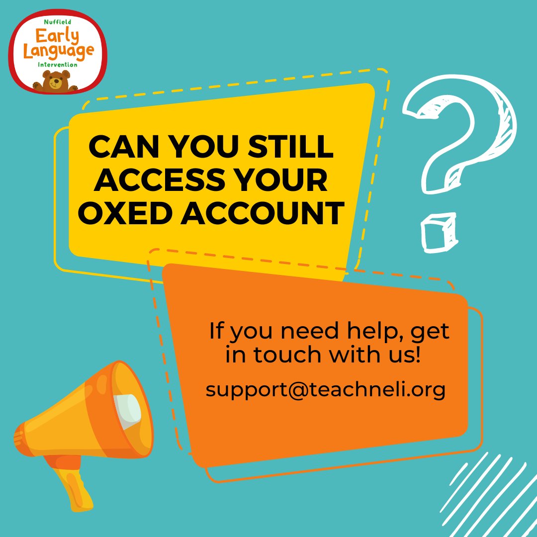 NELI - Nuffield Early Language Intervention (@teachneli) on Twitter photo 📢Attention all NELI practitioners, if you have not already, please check you can still login to your OxEd account. If you have any queries or need help accessing your account, get in touch with our friendly support team on support@teachneli.org.📧 📢Attention all NELI practitioners, if you have not already, please check you can still login to your OxEd account. If you have any queries or need help accessing your account, get in touch with our friendly support team on support@teachneli.org.📧