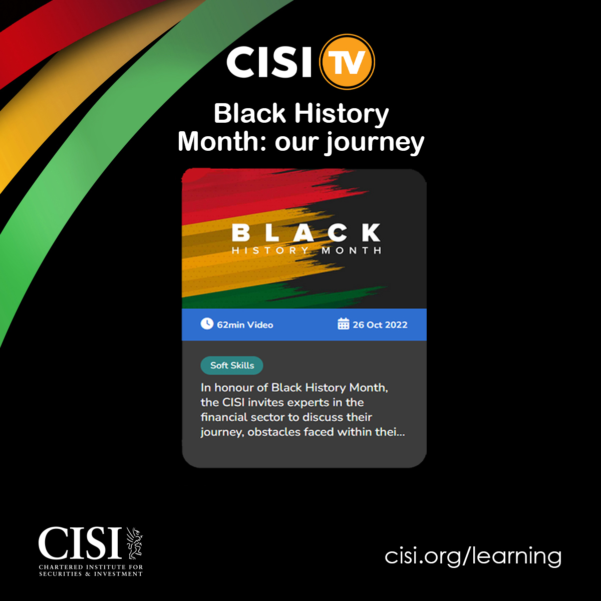 CISI's tweet image. It&apos;s the UK Black History Month, a time to recognise and celebrate the contributions of black people to British society. 

Our #CISITV video features experts who share their experience in the sector: cisi.org/cisiweb2/cisi-… 

#BlackHistoryMonth #DiversityEquityInclusion