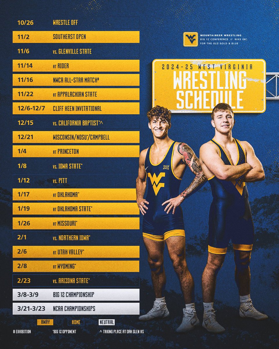 WVUWrestling's tweet image. Happy Friday, Mountaineer Nation. 

Our 2024-25 slate is here! -&amp;gt; wvusports.com/news/2024/10/4…