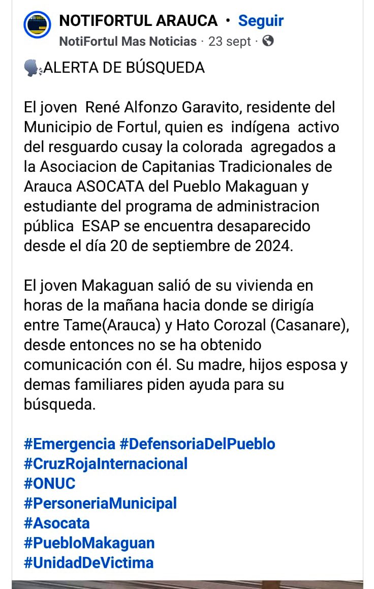 Acá la nota de <a href="/notifortul/">NotiFortul Informativo Regional de Arauca</a> Llamado urgente a su liberación inmediata y a parar la persecución a lo liderazgos de la Coordinación Étnica Nacional de Paz <a href="/CENPAZ_/">CENPAZ Coordinación Étnica Nacional de Paz</a>  de la <a href="/IEANPE_/">Instancia Especial de Alto Nivel Pueblos Étnicos</a> máxima instancia para la implementación del Acuerdo de Paz <a href="/DelegacionEln/">Delegación ELN</a> <a href="/AntonioGaELN/">Antonio García</a> <a href="/IvanCepedaCast/">Iván Cepeda Castro</a>